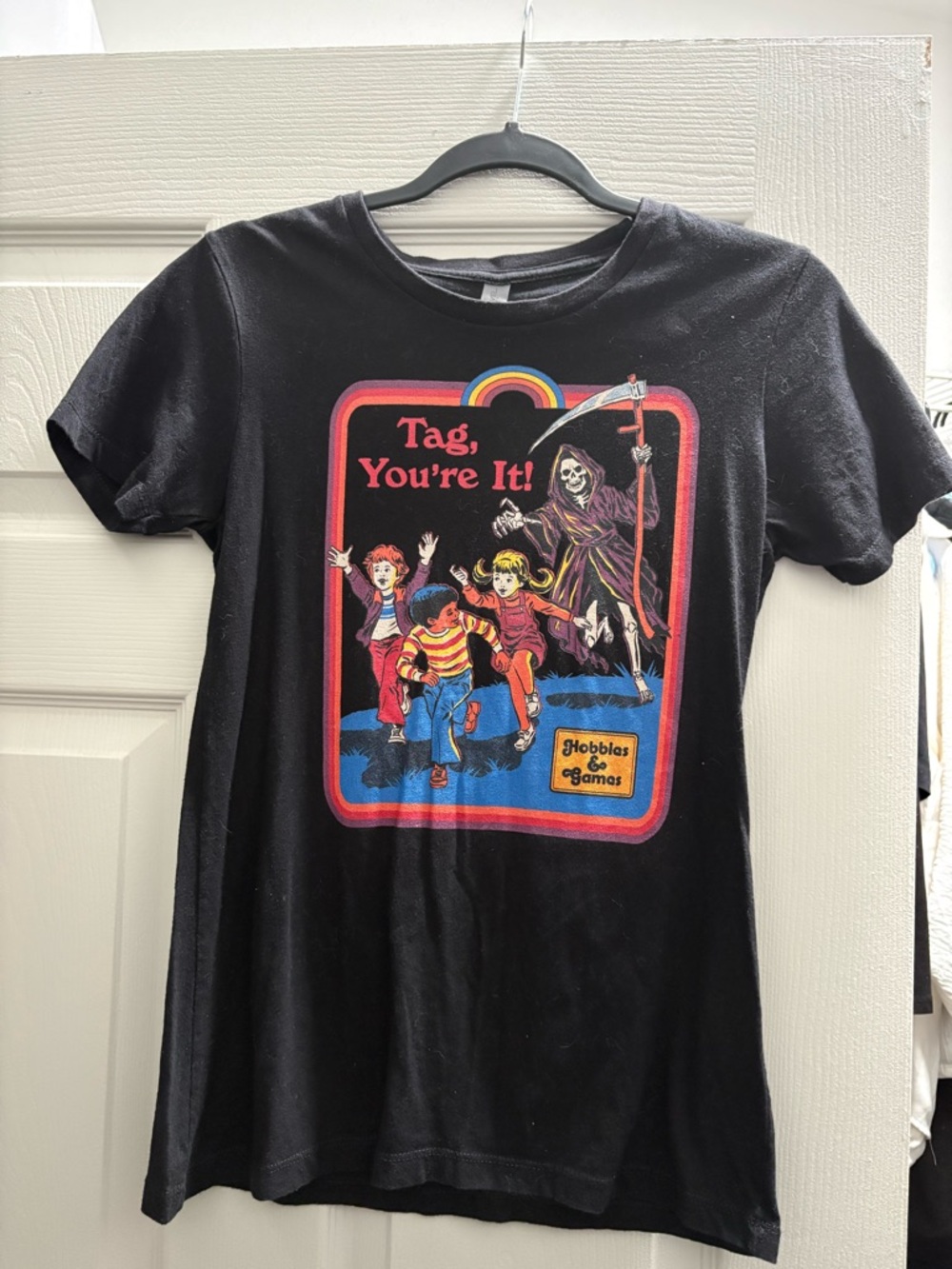 Next Level Apparel Black Tee with Colorful Retro 'Tag, You're It!' Graphic